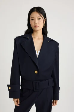 Belted jacket in sustainable technical wool twill