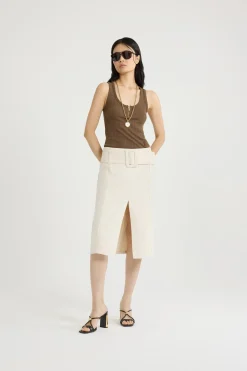 Belted midi skirt in cotton denim