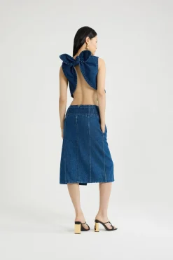 Belted midi skirt in cotton denim