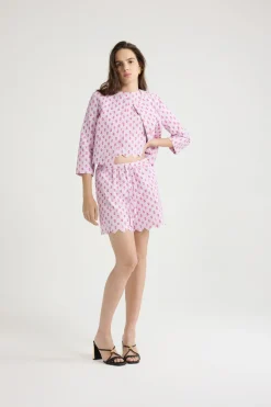 Boxy collarless jacket in printed quilted sustainable viscose blend
