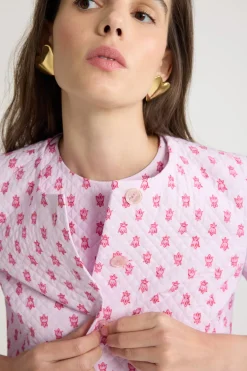 Boxy collarless jacket in printed quilted sustainable viscose blend