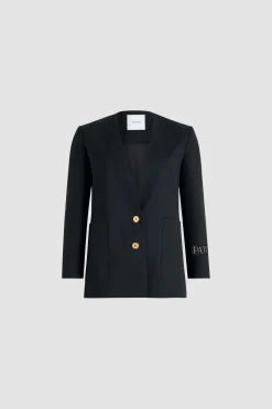 Collarless jacket in sustainable technical wool twill