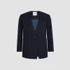Collarless jacket in sustainable technical wool twill