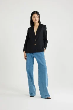 Collarless jacket in sustainable technical wool twill