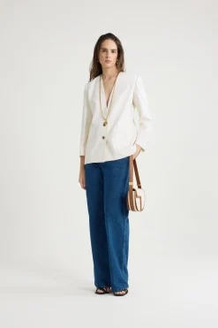 Collarless jacket in sustainable technical wool twill