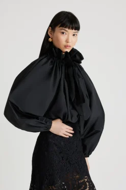 Grosgrain puff sleeve faille top