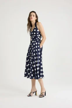 Halterneck midi dress in printed satin