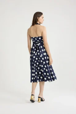 Halterneck midi dress in printed satin