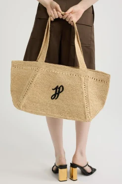 Large JP monogram trapeze tote in raffia
