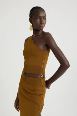 One-shoulder knit top in technical crepe