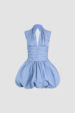 Open back bubble mini dress in printed organic cotton poplin