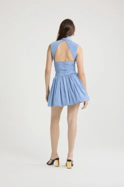 Open back bubble mini dress in printed organic cotton poplin