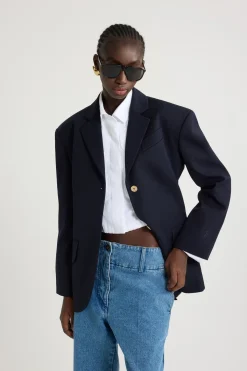 Oversized belted jacket in sustainable technical wool twill