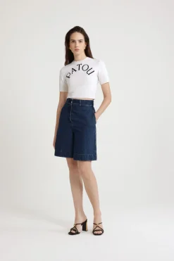Patou logo jacquard cropped knit top in Merino wool blend