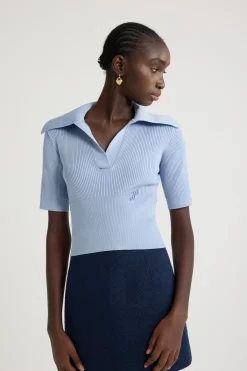 Polo knit top in technical crepe