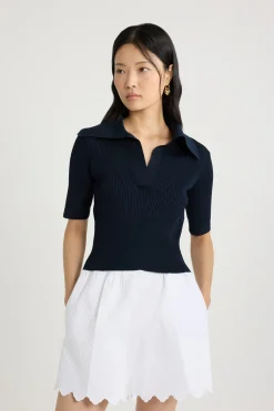 Polo knit top in technical crepe