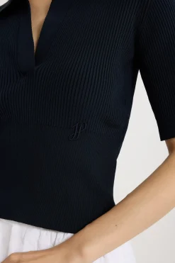 Polo knit top in technical crepe