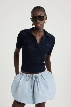 Rib knit polo top in cotton