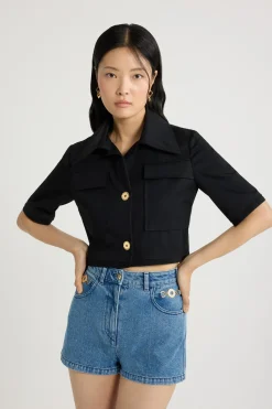 Short-sleeved cropped jacket in organic cotton gabardine