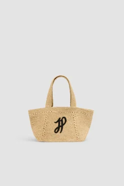 Small JP monogram trapeze tote in raffia