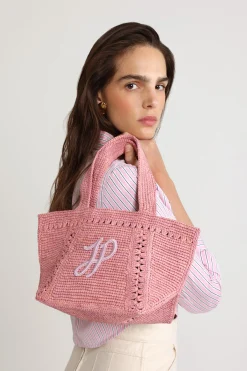 Small JP monogram trapeze tote in raffia