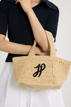 Small JP monogram trapeze tote in raffia