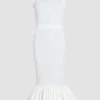 Smocked fishtail midi dress in recycled faille