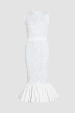 Smocked fishtail midi dress in recycled faille