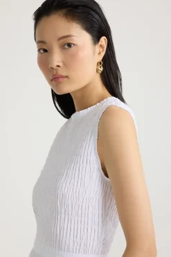 Smocked fishtail midi dress in recycled faille