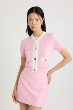 Waffle knit cropped cardigan in cotton