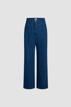 Wide waistband trousers in cotton denim