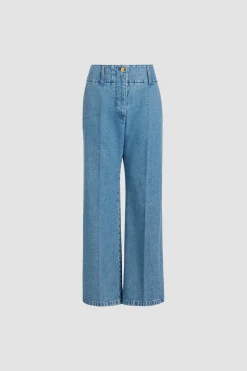 Wide waistband trousers in cotton denim