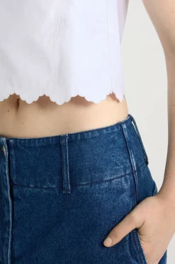 Wide waistband trousers in cotton denim