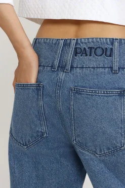 Wide waistband trousers in cotton denim