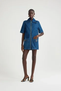 Zipped mini dress in cotton denim
